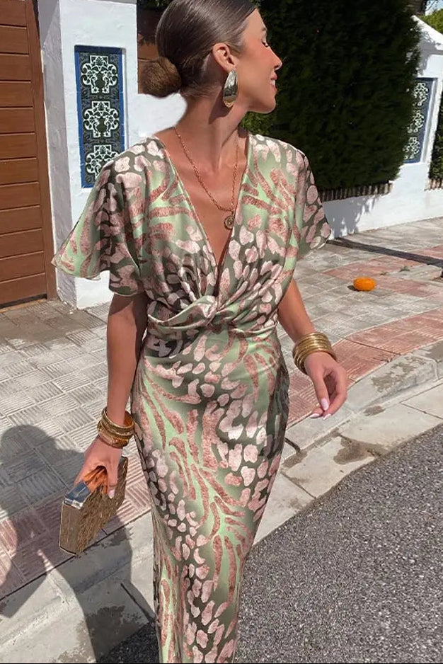 Twist Front Midi Dress – Printed Satin Flutter Sleeve V-Neck