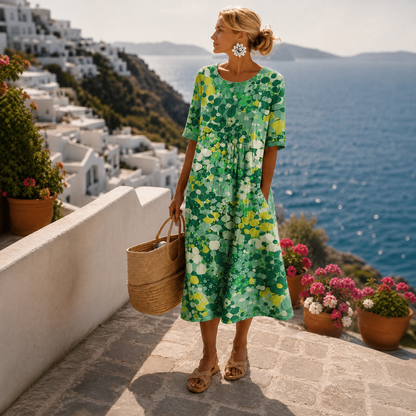 Floral Print Midi Dress – A-Line Short Sleeve Summer Dress with Pockets