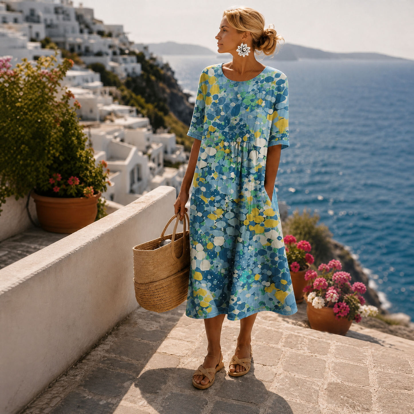 Floral Print Midi Dress – A-Line Short Sleeve Summer Dress with Pockets