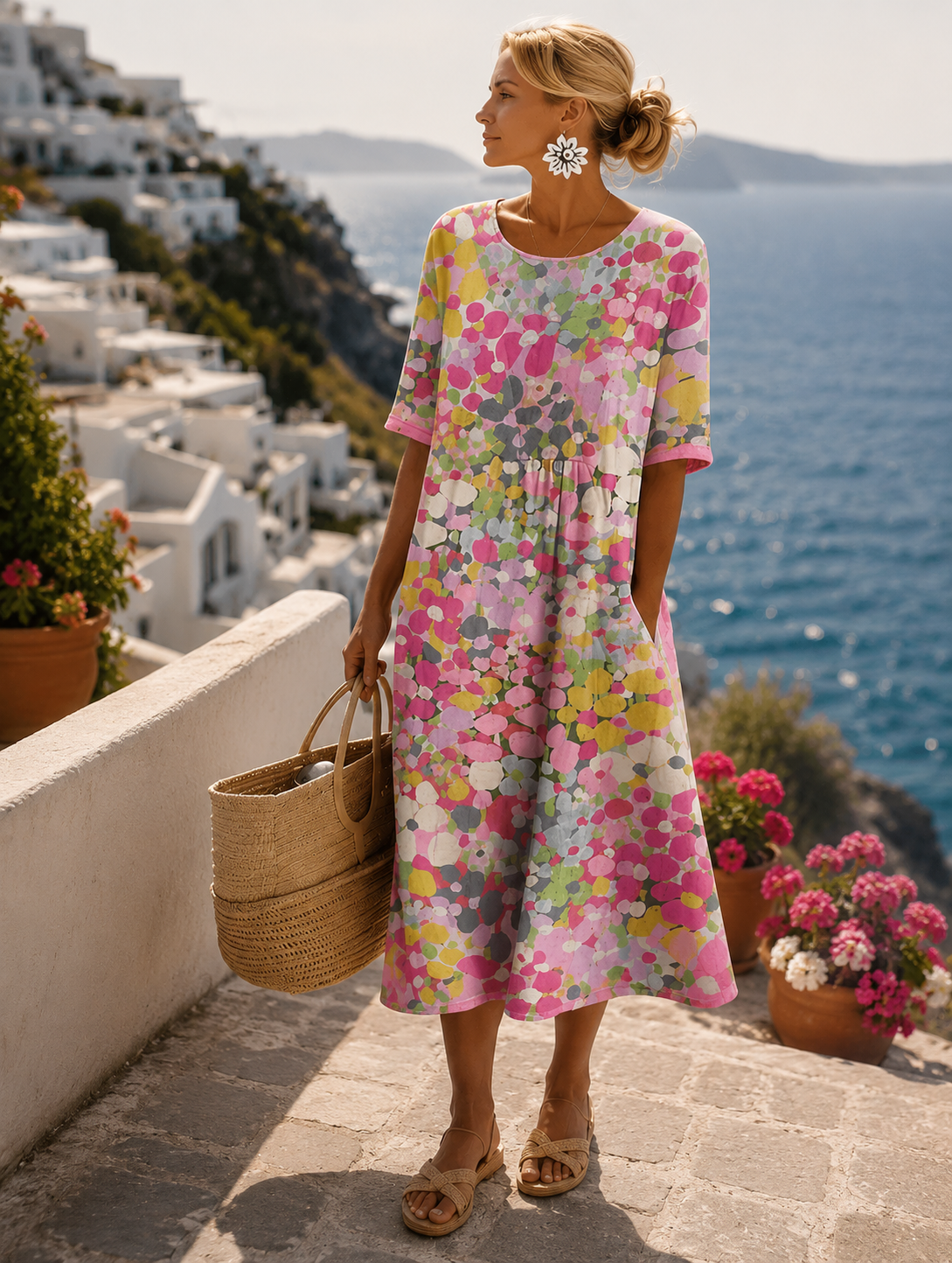 Floral Print Midi Dress – A-Line Short Sleeve Summer Dress with Pockets