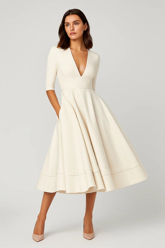 A-Line Midi Dress – Deep V-Neck 3/4 Sleeve Fit and Flare