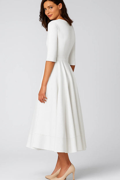 A-Line Midi Dress – Deep V-Neck 3/4 Sleeve Fit and Flare