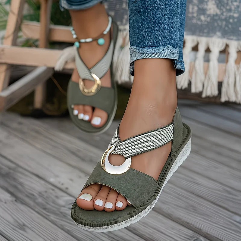 Boho Flat Sandals Women – Gold Moon Detail Crossband Open Toe