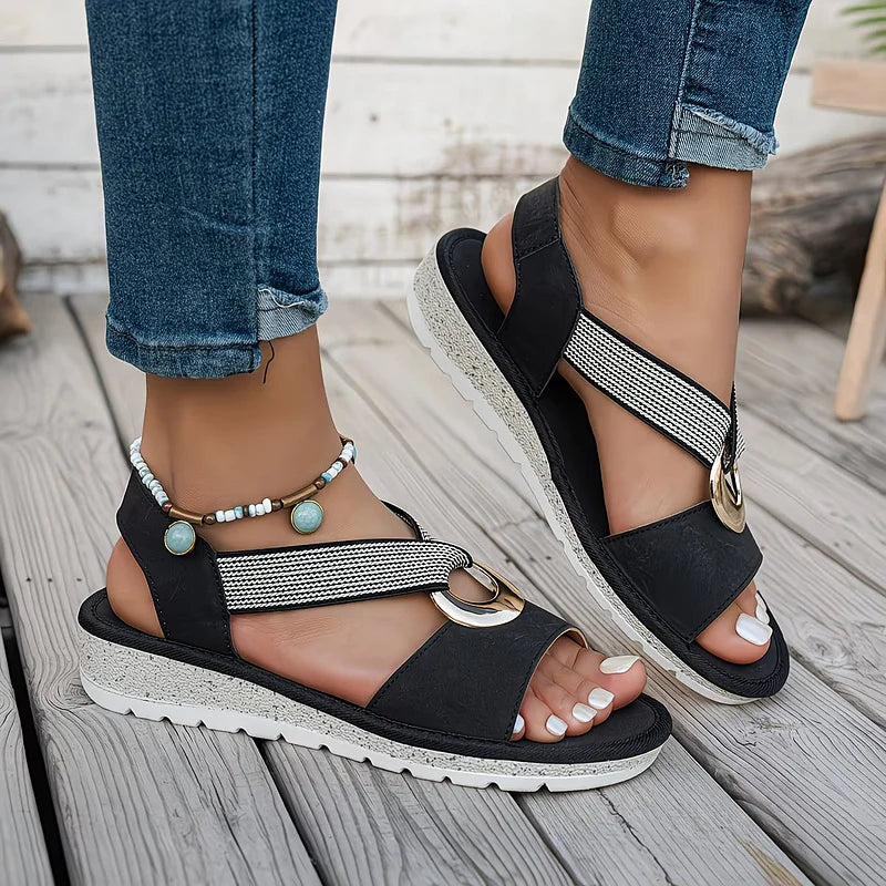 Boho Flat Sandals Women – Gold Moon Detail Crossband Open Toe