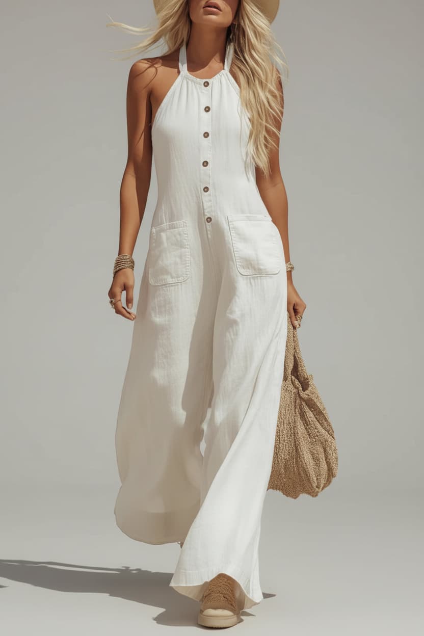 Linen Halter Neck Jumpsuit – Wide Leg Button-Front Boho Style