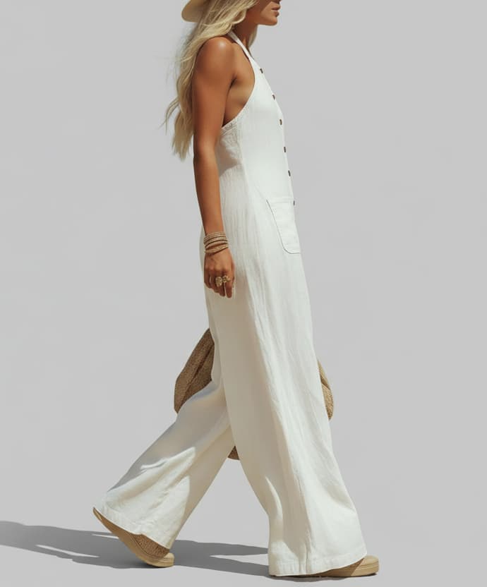 Linen Halter Neck Jumpsuit – Wide Leg Button-Front Boho Style