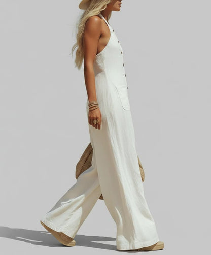 Linen Halter Neck Jumpsuit – Wide Leg Button-Front Boho Style
