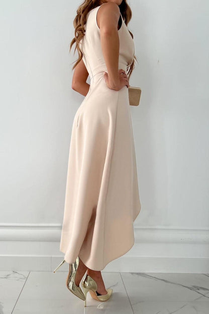 Sleeveless Wrap Midi Dress – V-Neck Ruffle Hi-Low Hem