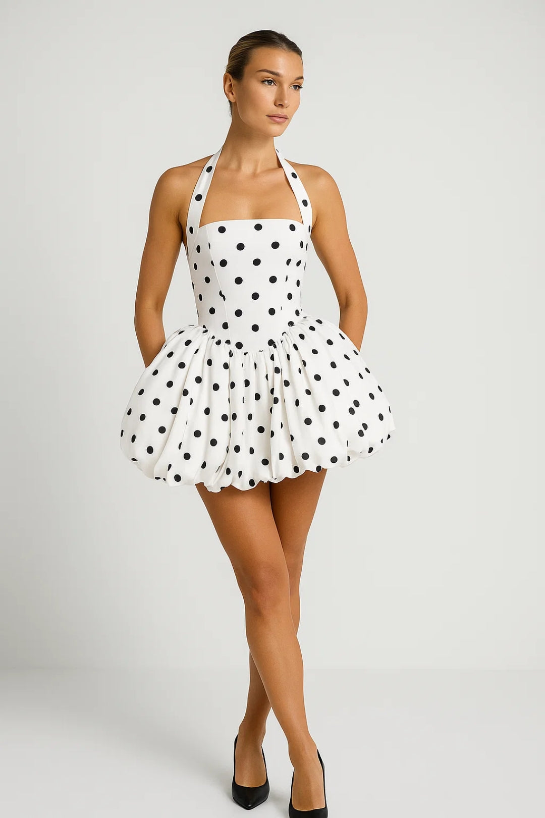 Halter Neck Bubble Skirt Mini Dress – Polka Dot Party Dress