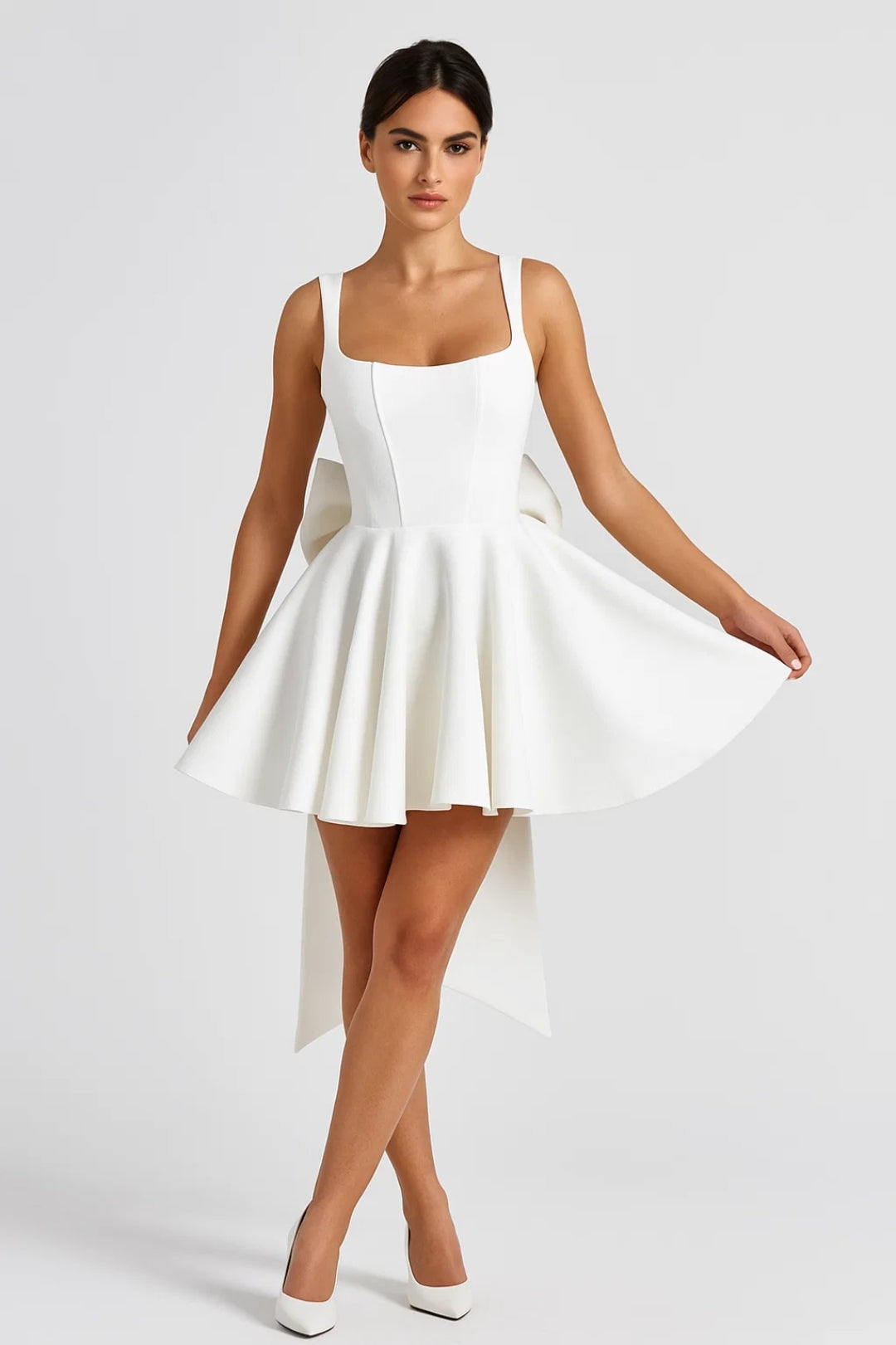 Bow Back Mini Dress – Square Neck A-Line Backless Party Dress
