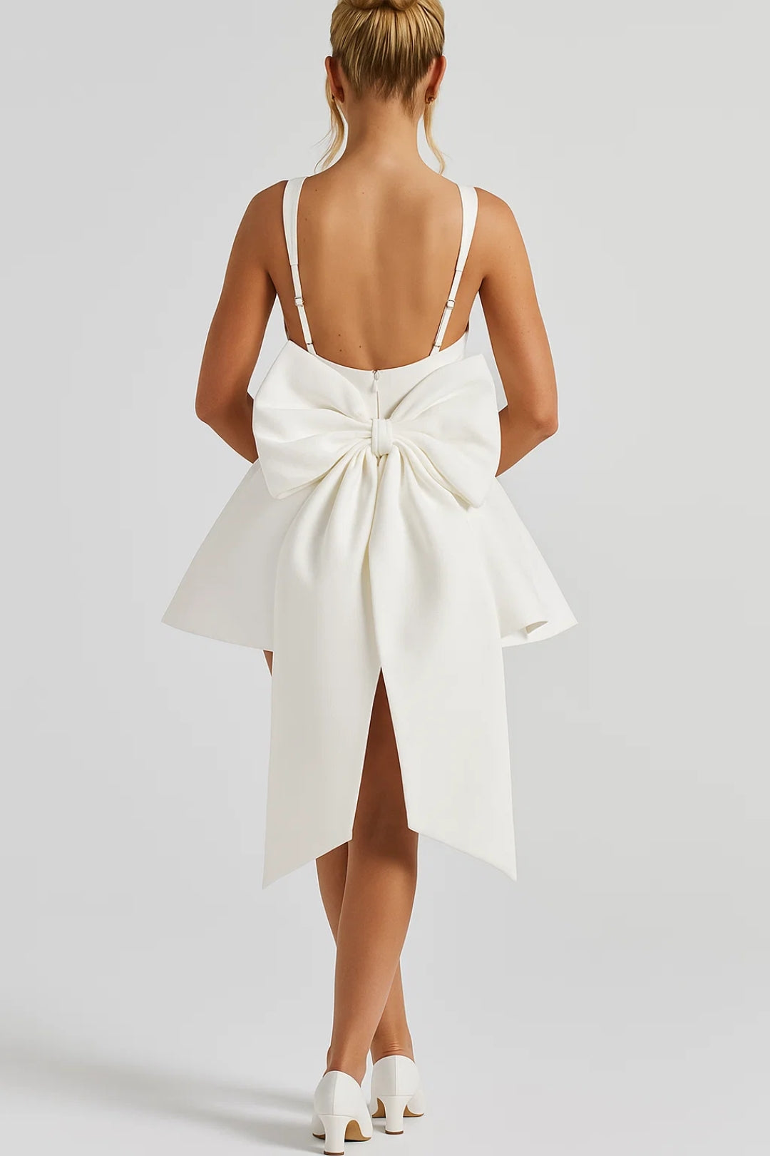 Bow Back Mini Dress – Square Neck A-Line Backless Party Dress
