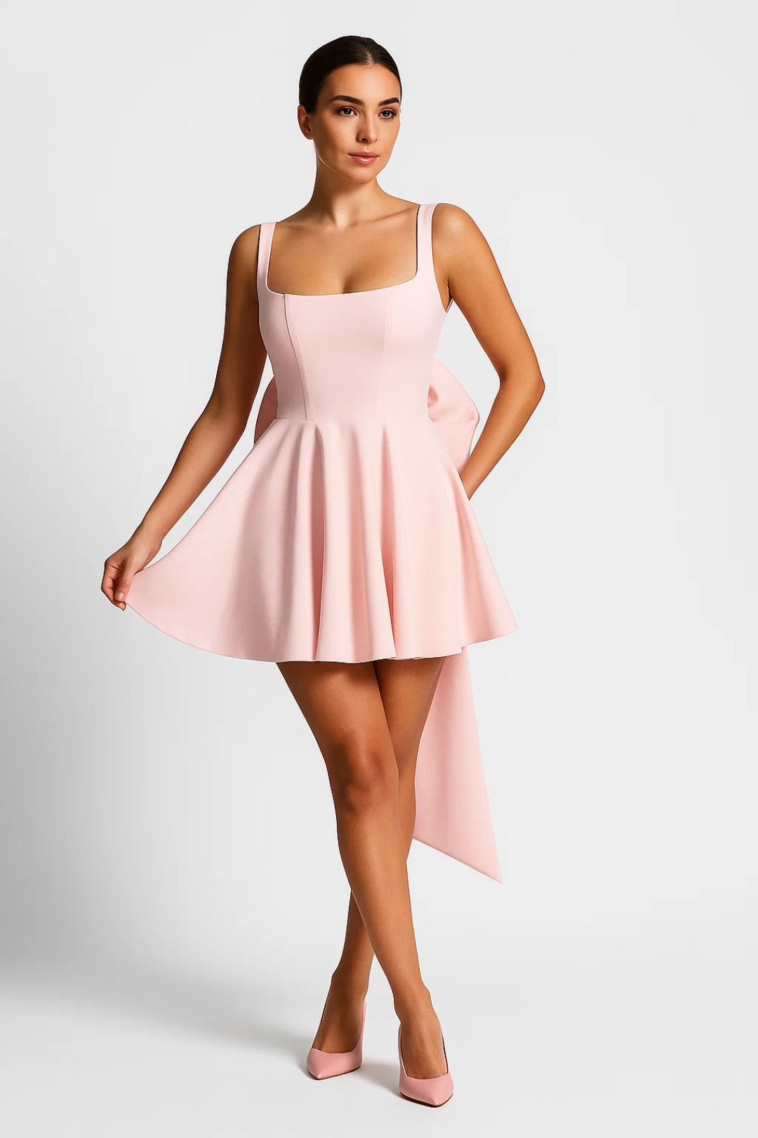 Bow Back Mini Dress – Square Neck A-Line Backless Party Dress