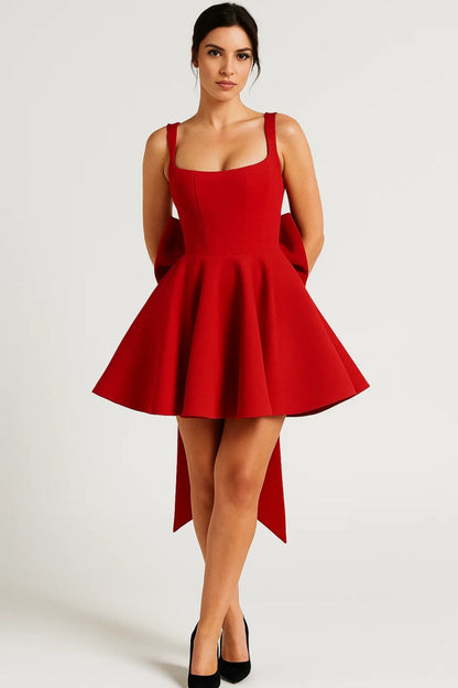 Bow Back Mini Dress – Square Neck A-Line Backless Party Dress