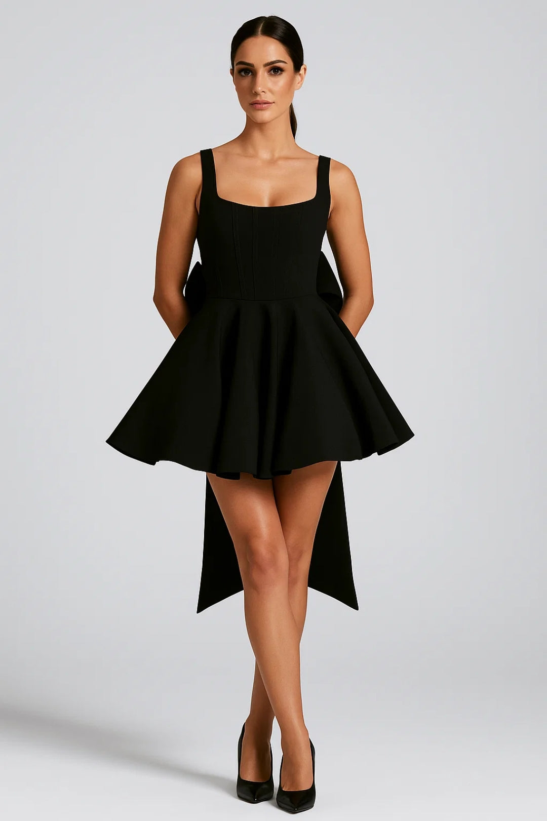 Bow Back Mini Dress – Square Neck A-Line Backless Party Dress