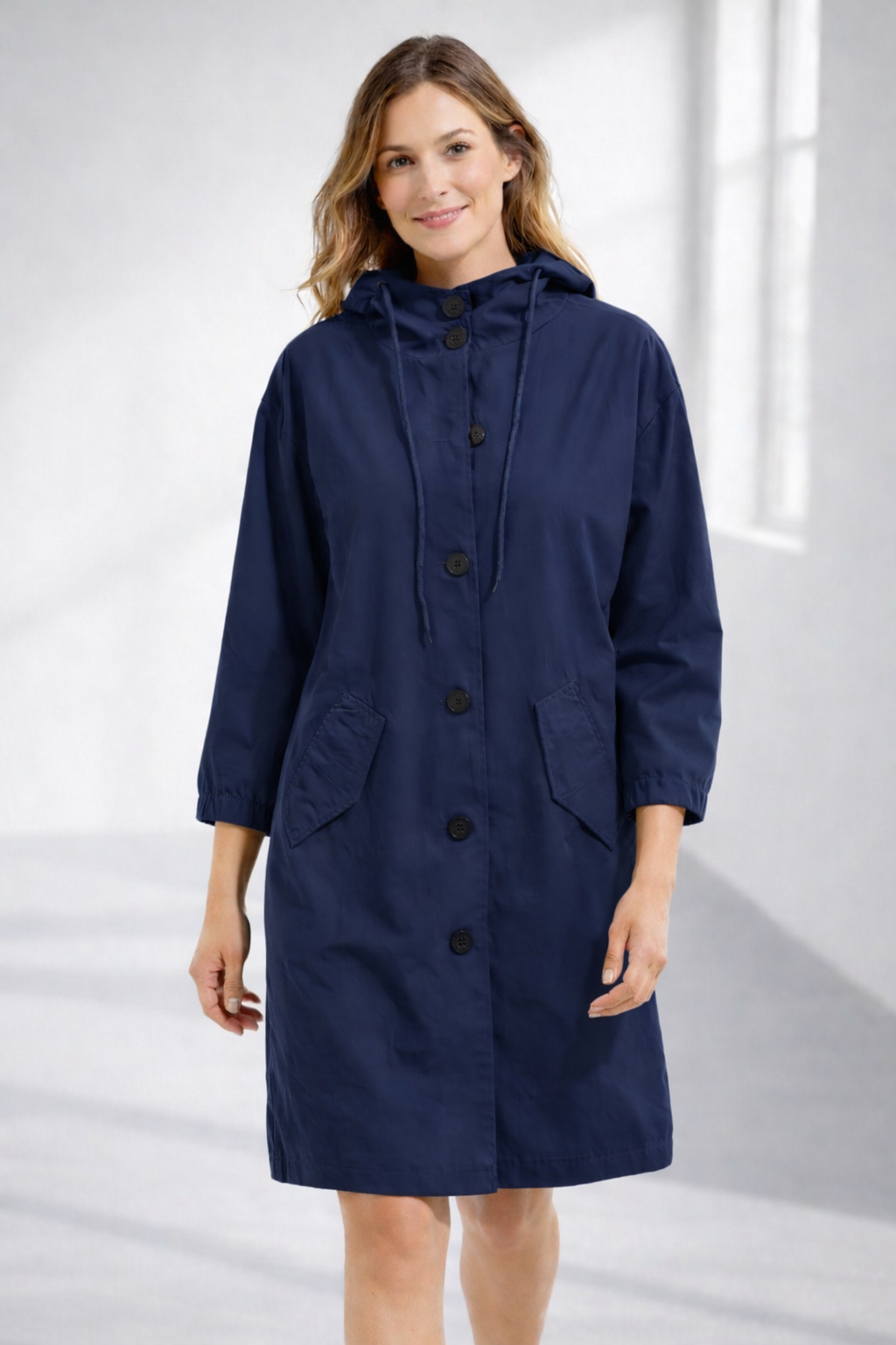 Button-Front Hooded Rain Coat – Knee-Length Loose Fit