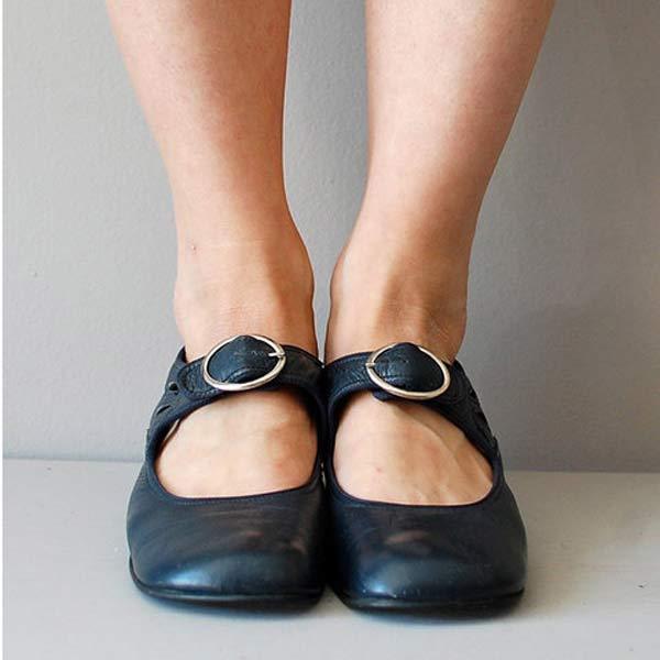 Women's Leather Mary Jane Pumps – Low Block Heel Buckle Strap Shoes