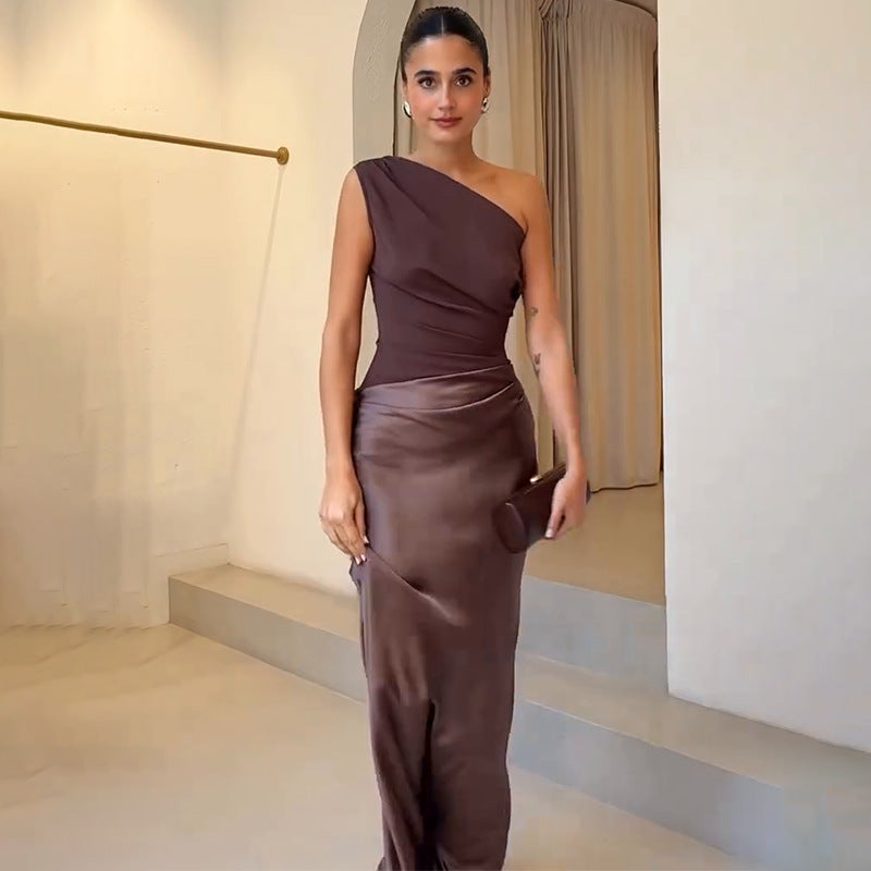 One Shoulder Satin Maxi Dress – Ruched Bodycon Evening Dress