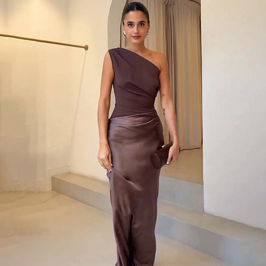 One Shoulder Satin Maxi Dress – Ruched Bodycon Evening Dress