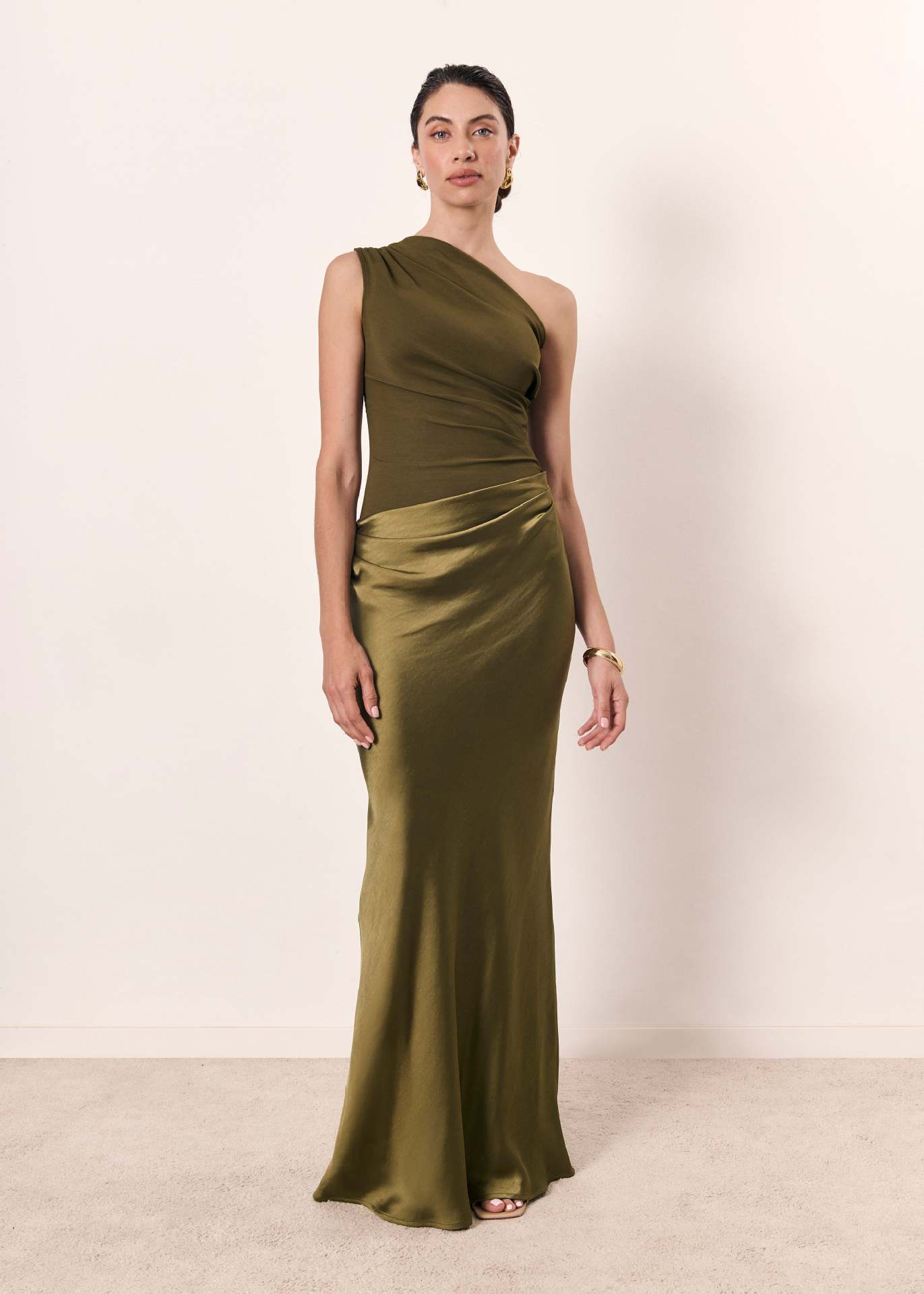 One Shoulder Satin Maxi Dress – Ruched Bodycon Evening Dress