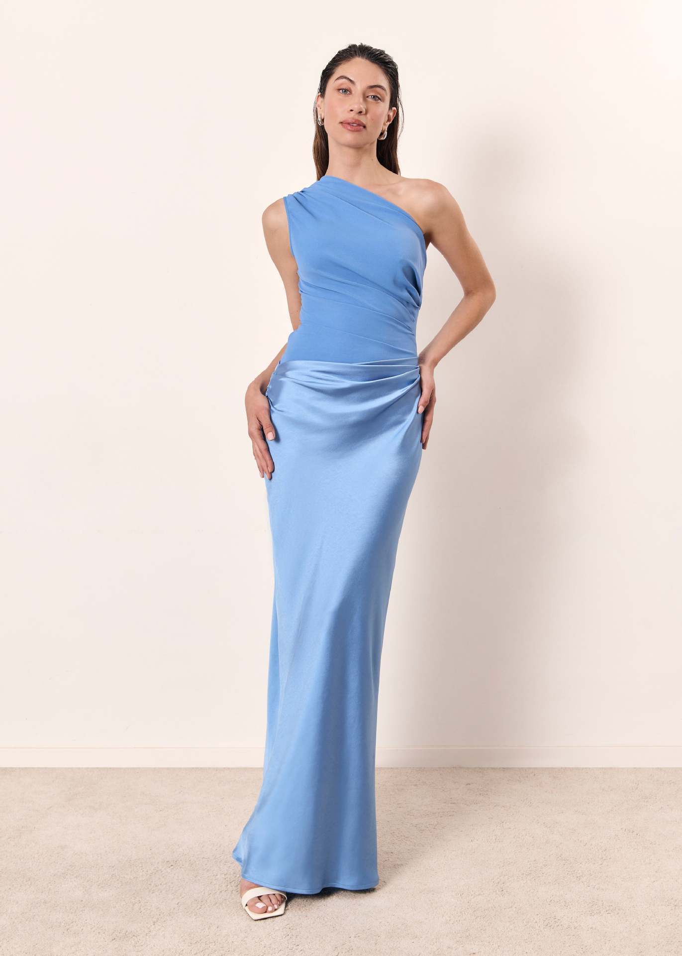 One Shoulder Satin Maxi Dress – Ruched Bodycon Evening Dress