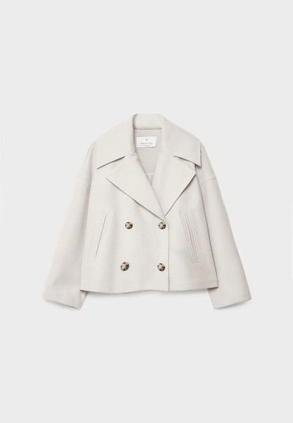 Cropped Double-Breasted Wool-Blend Coat – Lapel Collar Long Sleeve