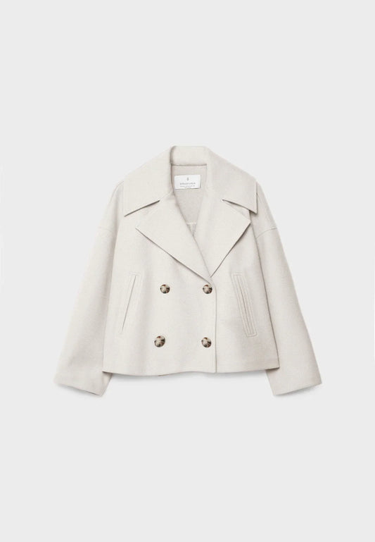Cropped Double-Breasted Wool-Blend Coat – Lapel Collar Long Sleeve