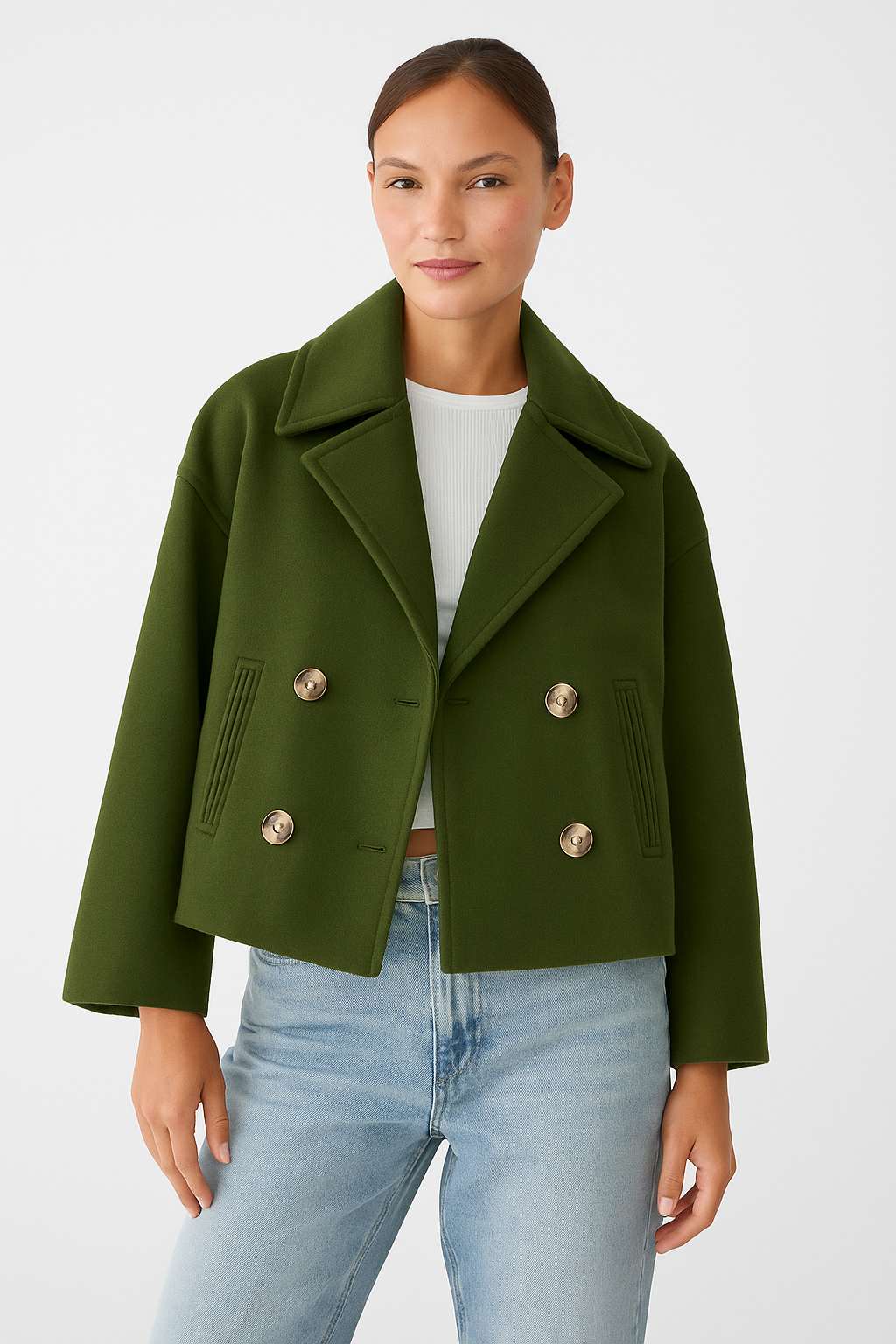 Cropped Double-Breasted Wool-Blend Coat – Lapel Collar Long Sleeve