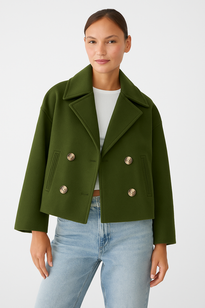 Cropped Double-Breasted Wool-Blend Coat – Lapel Collar Long Sleeve