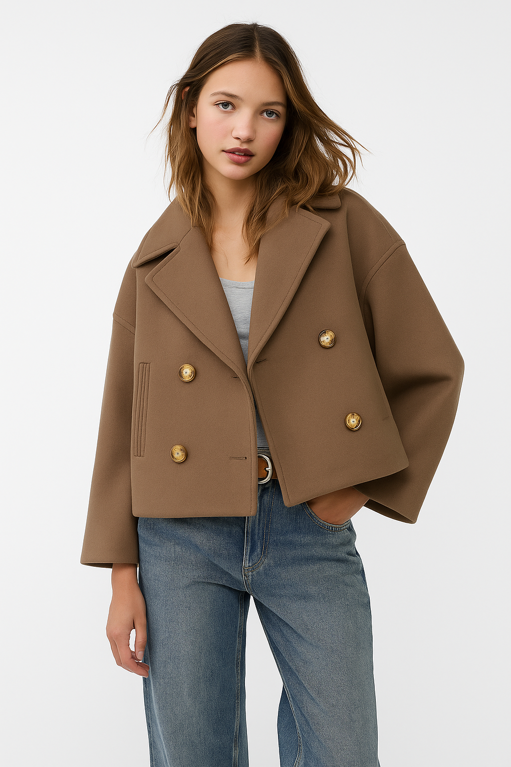 Cropped Double-Breasted Wool-Blend Coat – Lapel Collar Long Sleeve