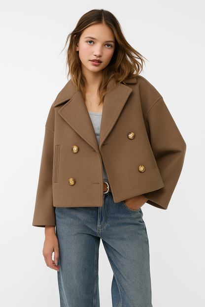 Cropped Double-Breasted Wool-Blend Coat – Lapel Collar Long Sleeve