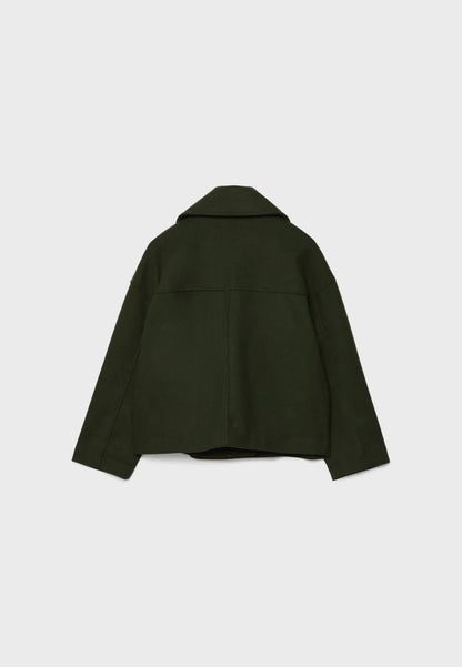 Cropped Double-Breasted Wool-Blend Coat – Lapel Collar Long Sleeve