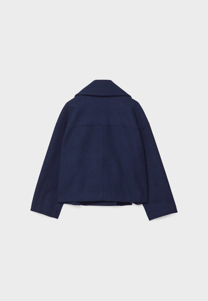 Cropped Double-Breasted Wool-Blend Coat – Lapel Collar Long Sleeve