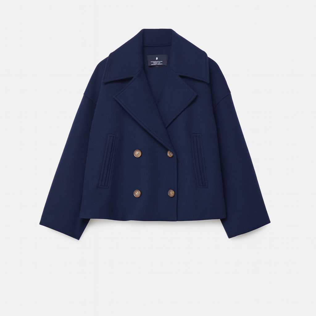 Cropped Double-Breasted Wool-Blend Coat – Lapel Collar Long Sleeve