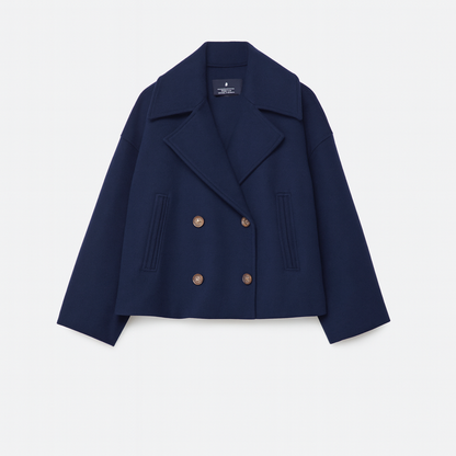 Cropped Double-Breasted Wool-Blend Coat – Lapel Collar Long Sleeve