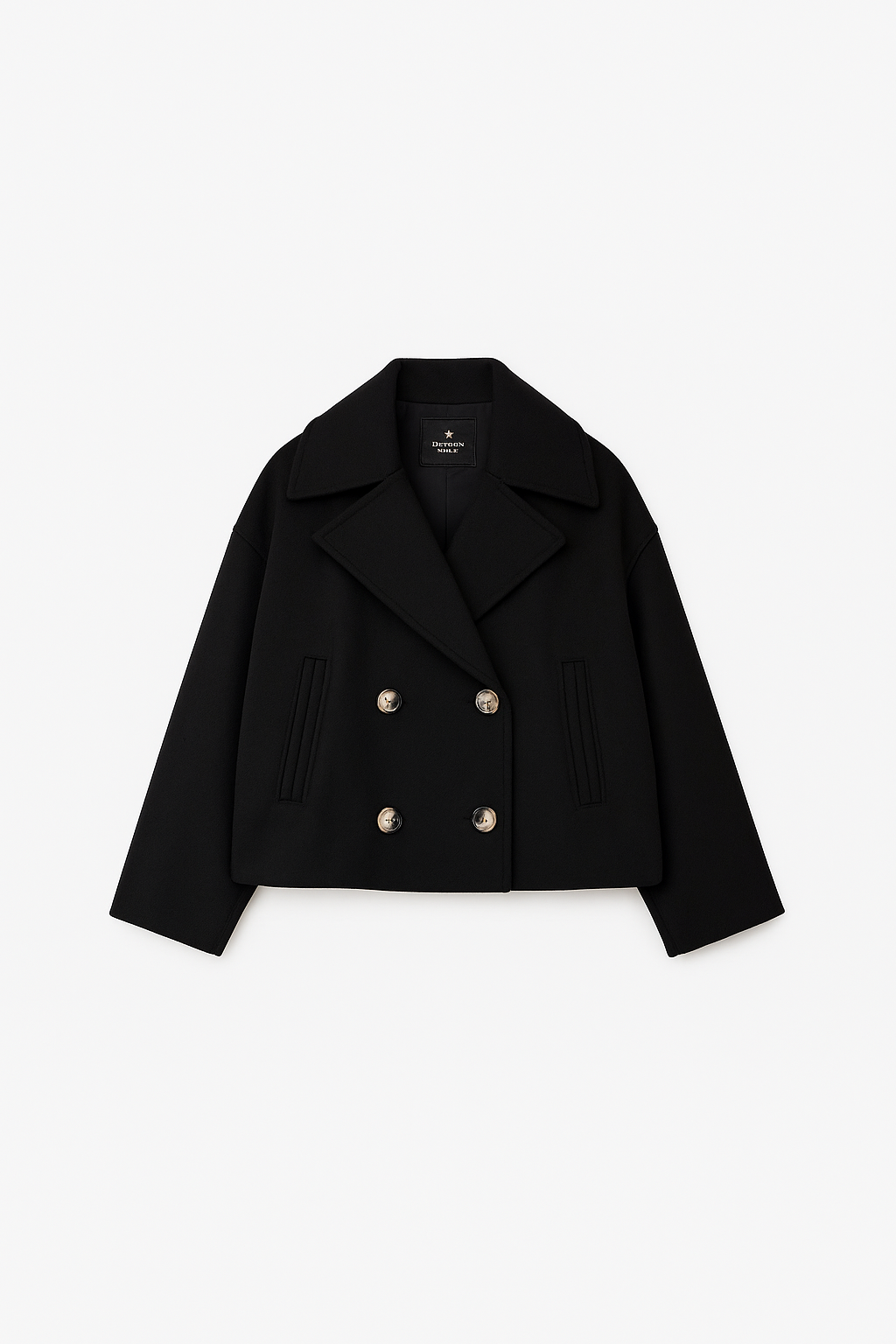 Cropped Double-Breasted Wool-Blend Coat – Lapel Collar Long Sleeve
