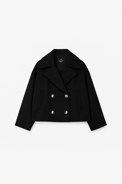 Cropped Double-Breasted Wool-Blend Coat – Lapel Collar Long Sleeve