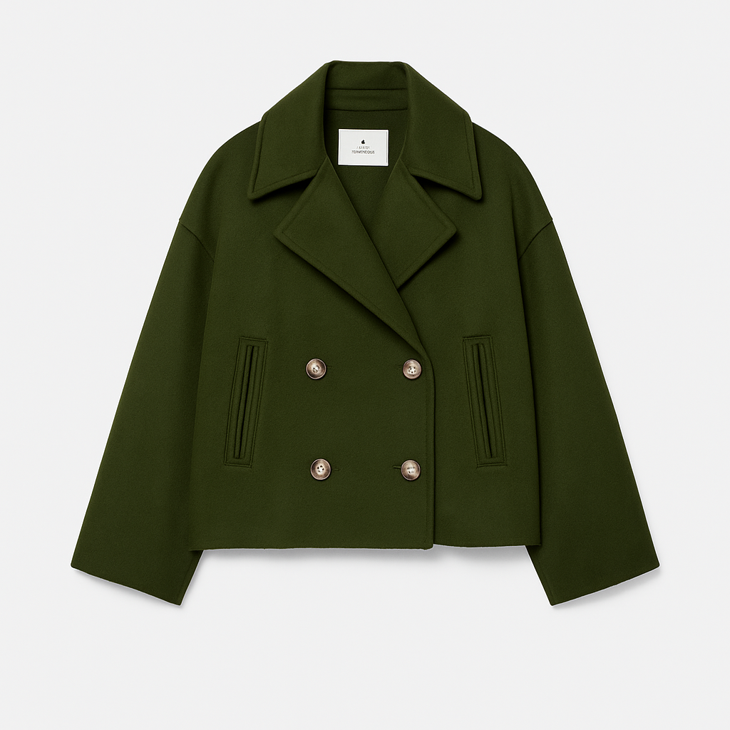 Cropped Double-Breasted Wool-Blend Coat – Lapel Collar Long Sleeve