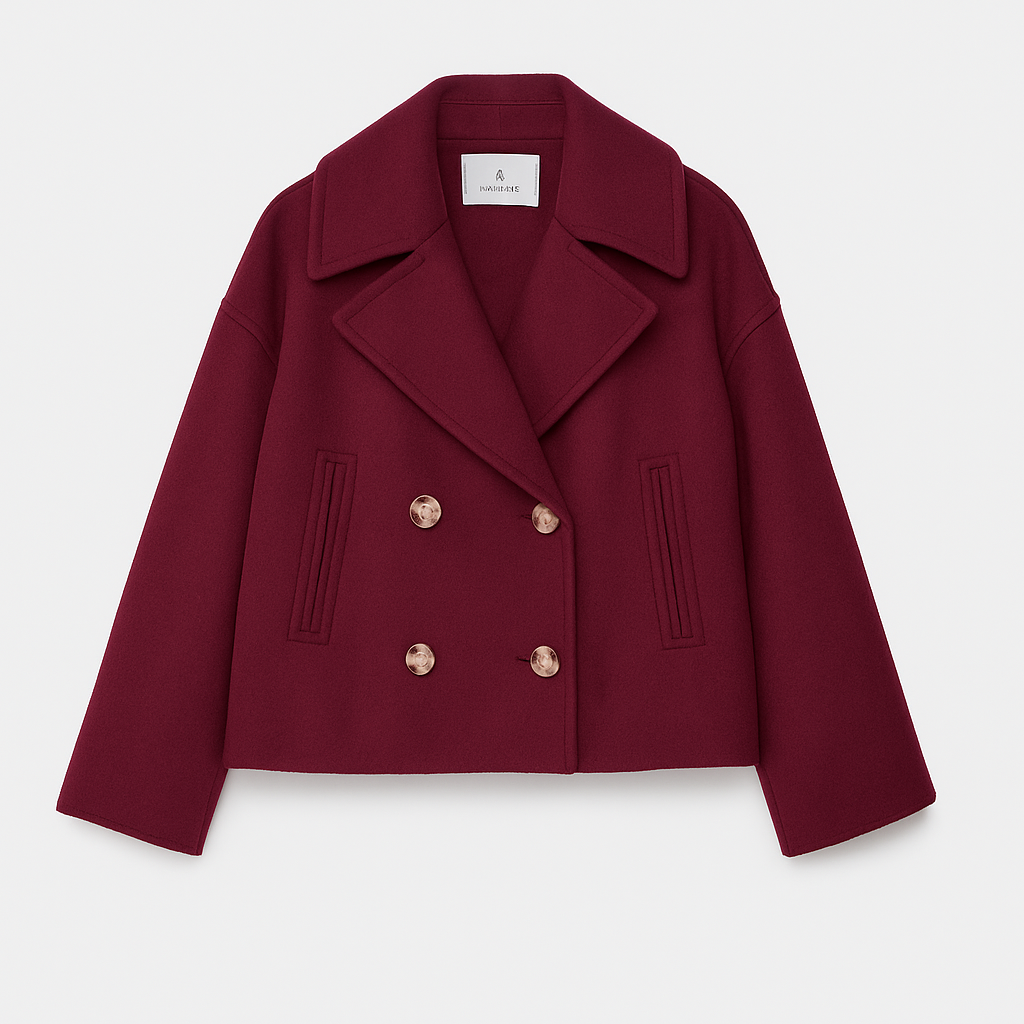 Cropped Double-Breasted Wool-Blend Coat – Lapel Collar Long Sleeve