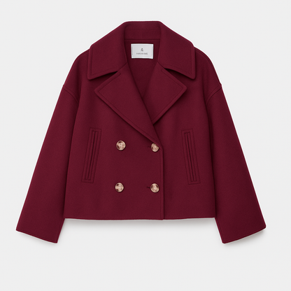 Cropped Double-Breasted Wool-Blend Coat – Lapel Collar Long Sleeve