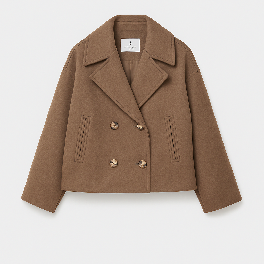Cropped Double-Breasted Wool-Blend Coat – Lapel Collar Long Sleeve