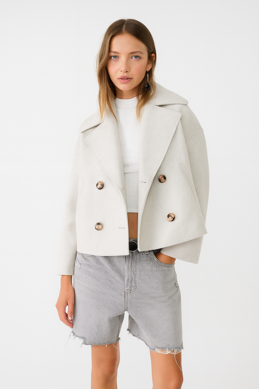 Cropped Double-Breasted Wool-Blend Coat – Lapel Collar Long Sleeve