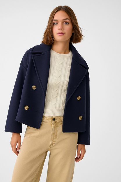 Cropped Double-Breasted Wool-Blend Coat – Lapel Collar Long Sleeve