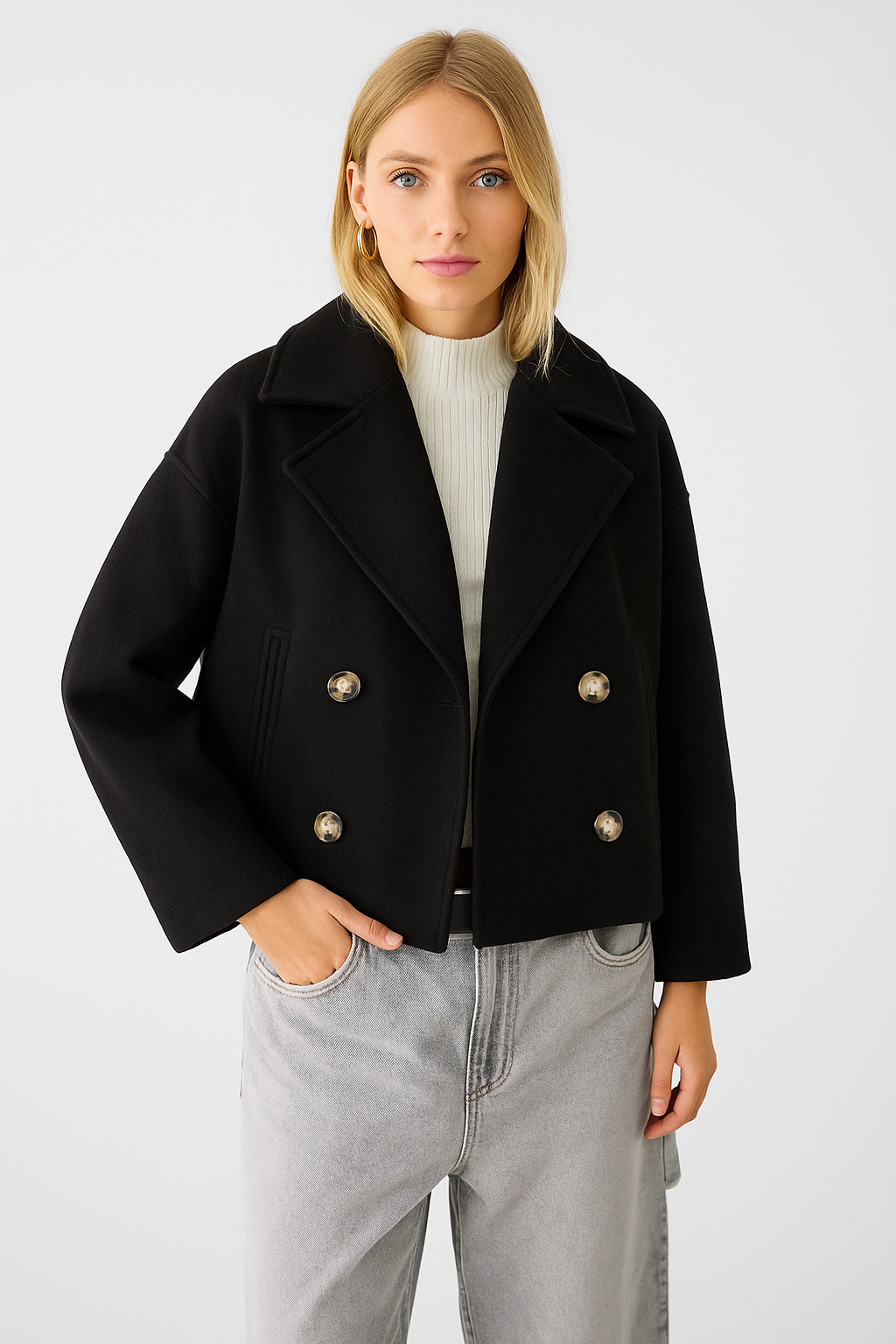 Cropped Double-Breasted Wool-Blend Coat – Lapel Collar Long Sleeve