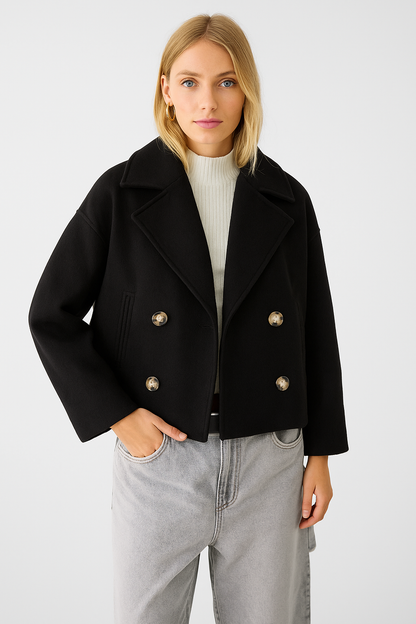 Cropped Double-Breasted Wool-Blend Coat – Lapel Collar Long Sleeve