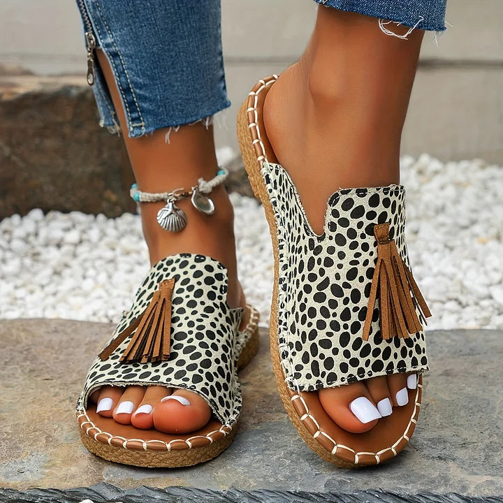 Boho Print Slip-On Sandals – Flat Open Toe Fringe Summer Slides