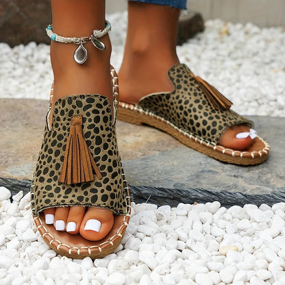 Boho Print Slip-On Sandals – Flat Open Toe Fringe Summer Slides