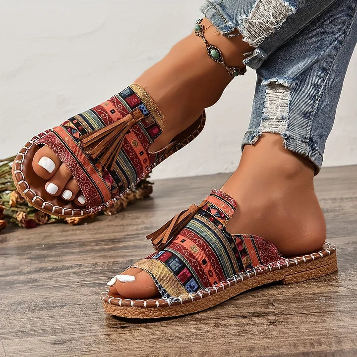 Boho Print Slip-On Sandals – Flat Open Toe Fringe Summer Slides