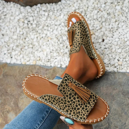 Boho Print Slip-On Sandals – Flat Open Toe Fringe Summer Slides