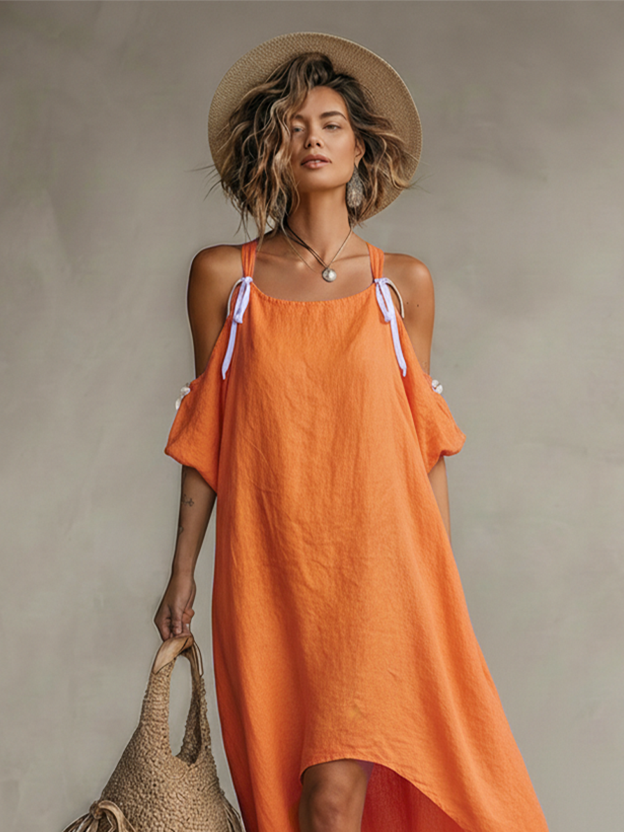 Linen Cold Shoulder Maxi Dress – Oversized Tie-Strap Summer Dress