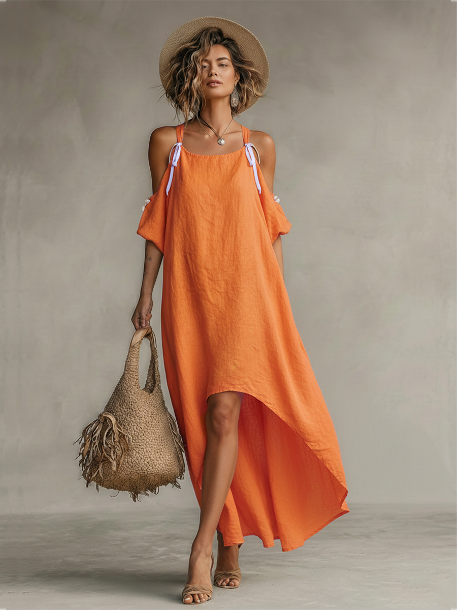 Linen Cold Shoulder Maxi Dress – Oversized Tie-Strap Summer Dress
